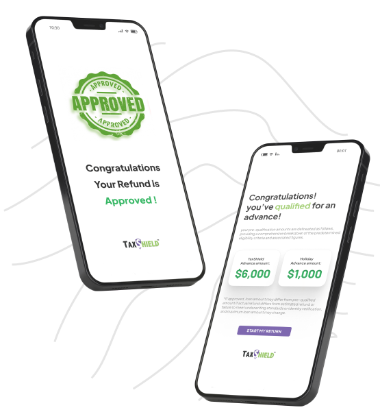 TaxShield Service in Toledo, OH, simplifies tax filing with online and mobile solutions. This image features smartphones displaying tax refund pre-approval notifications, showcasing the convenience of filing taxes digitally. Located at 2839 Monroe St C, Toledo, OH, TaxShield ensures quick and accurate tax preparation with immediate refund advances. Call 844-503-0401 for expert assistance.