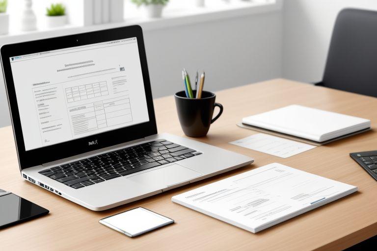 A modern workspace with a laptop showing a tax filing website, tax forms, and a calculator, representing the process of applying for a tax refund advance with no credit check.