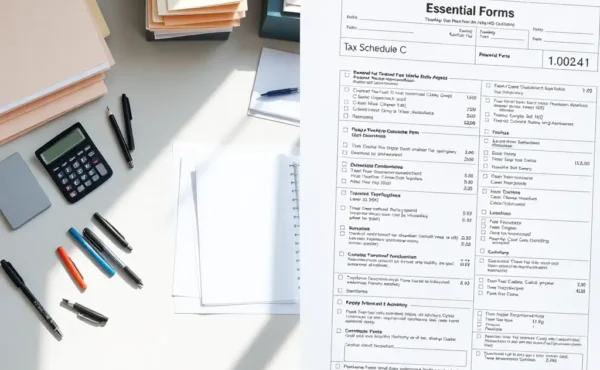 pros-and-cons-of-hiring-tax-preparer A split-view image showing a professional desk setup for tax preparation alongside an open tax filing form, illustrating the decision-making process for tax filing.