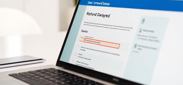 State Tax Refund Status & Delays | TaxShield Service Close-up of a laptop showing a state tax refund status page with "Refund Delayed," with a calculator and tax form on a professional desk.